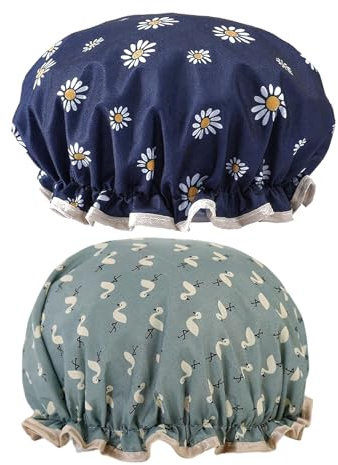 VYNZOR Lot de 2 Bonnets de Douche Étanches Réutilisables – Couvre-Cheveux Double Couche avec Élastique Ajustable, Motifs Bleu Oiseau et Bleu Marine Marguerites, Accessoires Bain, Spa et Voyage