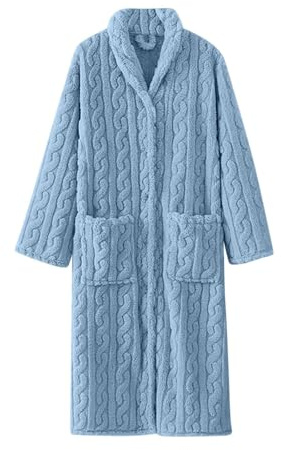 Generico Camicia da Notte Donna Invernale con Bottoni Sul Davanti,Vestaglia Lungo e Caldo in Pile con Due Tasche,Accappatoio a Maniche Lunghe in Jacquard Tinta Unita da Casa