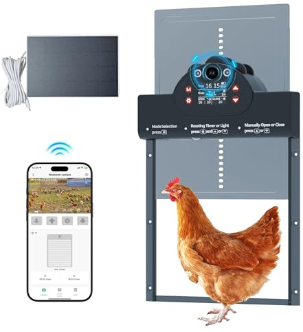 Automatic Chicken Coop Door Solar Powered with 2K Camera & Night Vision, IP65 Wireless Auto Door Opener, 6-Month Battery, APP Control, 2-Way Audio, Anti-Pinch Design (Blue Gray)