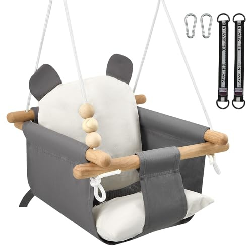 Eirolace Columpio Infantil de Madera Altura Regulable 110–180 cm, Columpio para Bebés con Cinturón de Seguridad y Hebilla de Seguridad y Cojín, Columpio para niños para Interiores y Exteriores Jardín