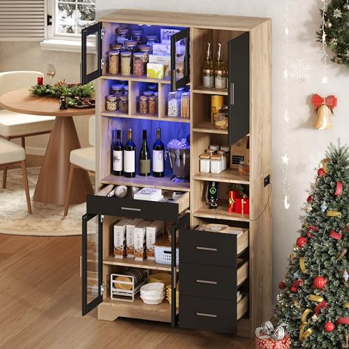 Gelukueub Estantería de cocina, estilo granja, armario alto, armario de almacenamiento, armario de vitrina, estantes ajustables, luces LED que cambian de color y enchufe, 185 × 100 × 40 cm