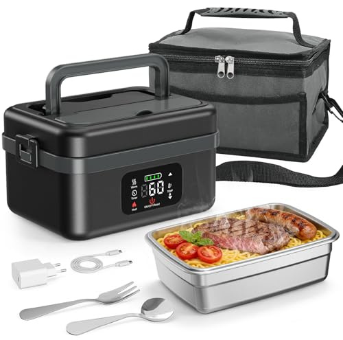 TLPEMN Scaldavivande Elettrico Portatile, 1L Porta Pranzo Elettrico con Touch Screen, Scalda Vivande Portatile Elettrico con Stoviglie in Acciaio Inossidabile e Borsa Termica per Auto/Ufficio/Viaggi