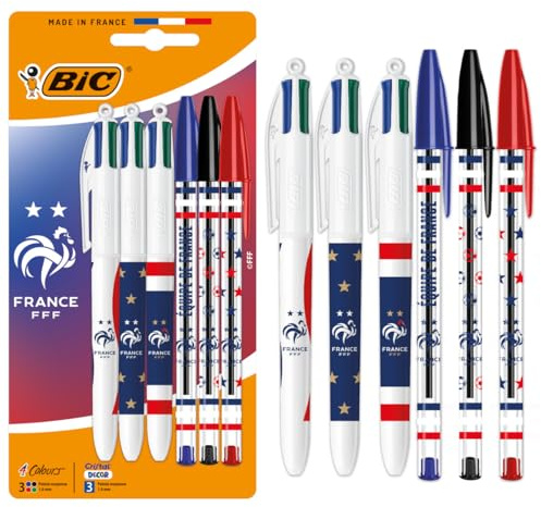 BIC 4 colores y BIC cristal «Federación Francesa de Fútbol» Bolígrafos recargables punta media (1,0 mm) – Decoraciones surtidas, blister de 6