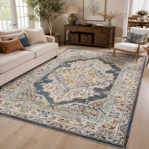 VARIKASHOM Stort Målrumsmatta Vardagsrum Matsal Sovrum, Modernt Kort Hår, Orientalisk Blå, Vit, Röd, Gul, 200 x 300 cm