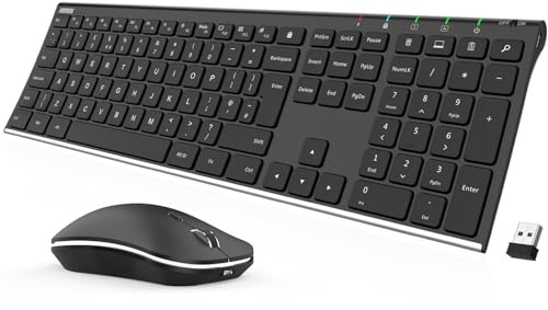 Arteck 2.4G Wireless Keyboard and Mouse Combo Stainless Steel Ultra Slim Full Size Keyboard and Ergonomic Mice for Computer Desktop PC Laptop and Windows 10/8/7 Build in Rechargeable Battery