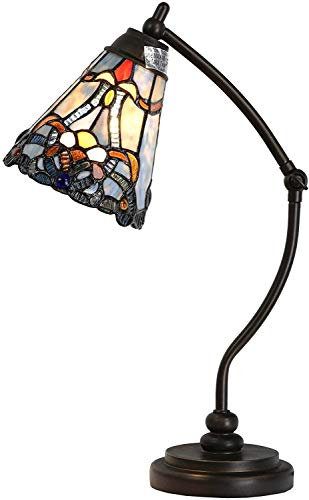 Bieye L30688 Tiffany Style Stained Glass Table Lamp Night Light with Adjustable Rocker Arm Base for Working Reading Home Decoration (Baroque Blue)
