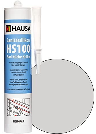 HAUSA Sanitär-Silikon HS100 Hellgrau 310ml hochelastische Fugendichtmasse für Bad Dusche Küche schimmelresistenter wasserdichter Acetat Silikon-Dichtstoff in Kartusche zum Abdichten Verfugen
