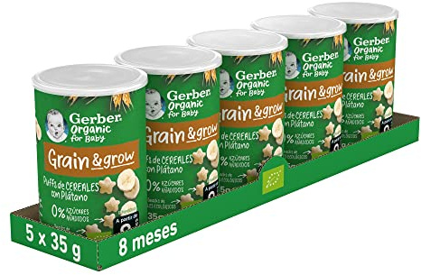 GERBER Organic Puffs Plátano, Snack de Cereales para Bebés, Lata 5x35g, a partir de 8 meses