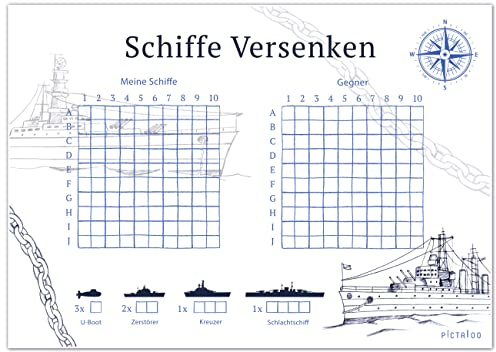 PICTALOO Schiffe Versenken Spielblock Set, Flottenmanöver mit 50 Blatt pro Block DIN A5, Reisespiel für unterwegs, Jungen Mädchen Erwachsene, deutsche Sprache, Familienspiel Spaß (4X)