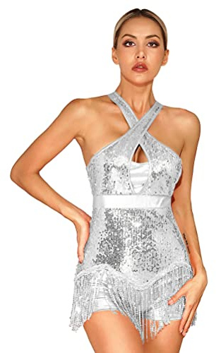 YOOJIA Vestido de Baile Mujer sin Mangas Vestido Flecos con Espalda Hueca Vestido Lentejuelas Corto Ropa Danza Contemporanea Mujer S-XXL Plateado S