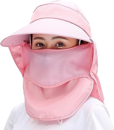 Vikbar kapeline till dam solhatt med avtagbart ansiktsskydd, anti-UV, Brim bred, för fiske, vandring, resor, strand, rosa, One size