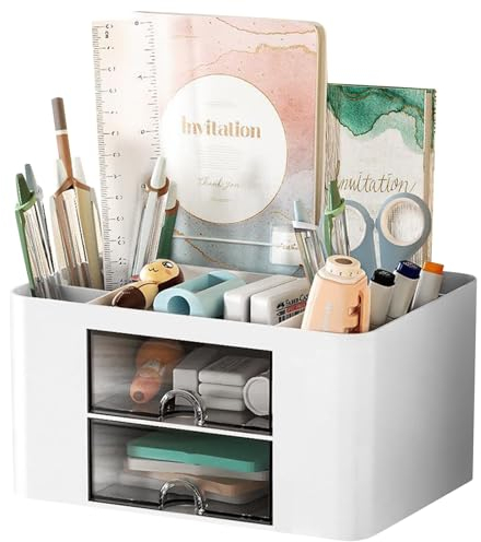 Newpop Schreibtisch Organizer, Multifunktionaler Stiftehalter Schreibtisch, 5 Fächer Büro Stifte Organizer mit 2 Schubladen, Plastik Tisch Stifthalter Organizer, Büroorganisation für Zuhause Schule