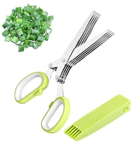 Multifuncionales Tijeras para Hierbas de Cocina con Acero Inoxidable 5 Hojas para Especias Cebollinos Verduras con tapa de Seguridad y Peine Limpieza para Picar Cebolletas, Hierbas, Cebollino, Perejil