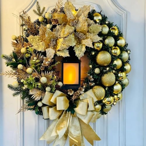 Ghirlanda natalizia per porte esterne, 40 cm, corona dell'Avvento artificiale con lanterna, palline, bacche e fiocchi, decorazione per interni ed esterni