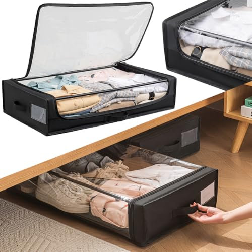 BAKAJI Contenitore Sottoletto con Ruote Salvaspazio, Organizer Contenitore per Vestiti Extra Large per Cambio Stagione, Scatola Sotto Letto Slim con Rotelle, Cerniera, Maniglie e Coperchio