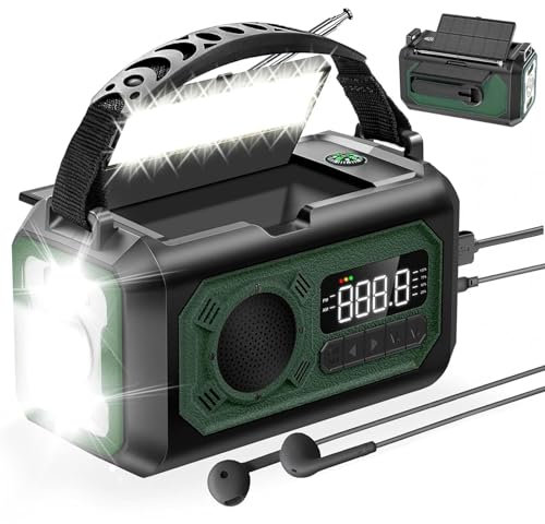 12000mAh Kurbelradio mit Handyladefunktion, Solar Radio mit 2 Sonnenkollektoren, AM/FM Tragbar Notfallradio mit Kopfhöreranschluss/Leseleuchte/LED Taschenlampe/Kompass/SOS Alarm für Camping Outdoor