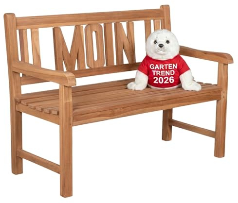 MR. DEKO® Banc de jardin motif teck | Banc en bois avec dossier | Banc de frison pour l'extérieur | 2 places 120 x 60 x 94 cm | Banc en teck massif et résistant aux intempéries pour jardin, balcon
