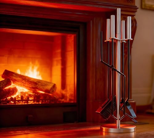 Kingson Ensemble de 5 accessoires modernes pour cheminée - Poignées et support en acier inoxydable - Comprend brosse, tisonnier, pince, pelle - Outils en fer - Ensemble d'outils de cheminée pour poêle