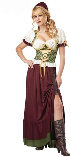 Mifeiwukawa Vestito tradizionale bavarese Dirndl da donna, vintage, medievale, con corsetto, top con gonna, foulard, per adulti, costume tradizionale per Halloween, carnevale, spettacoli (vino, XL)