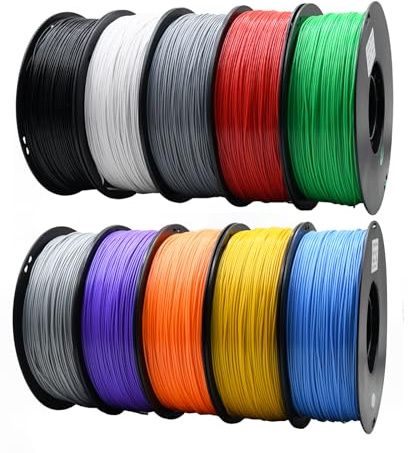 YUANEANG Lot de 10 rouleaux de filament ABS pour imprimante 3D, précision dimensionnelle +/- 0,03 mm, bobine de 1 kg, 1,75 mm, compatible avec la plupart des imprimantes 3D, noir, blanc, bleu, rouge