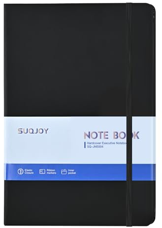SUQJOY Carnet de Notes A5 Ligné, 160 Pages, Papier Épais 100 g/m², Couverture Rigide, 14 x 21,1 cm, Cahier A5 Noir pour Bureau, École, Travail