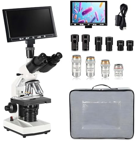 QFGain [1080P | 5W Dual LED Illumination] Professional Trinocular Microscope, 40X-5000X Zoom with Achromatic Lenses & Eyepieces, Dual Mechanical Stage & Phone Holder, 60° Rotatable Head C