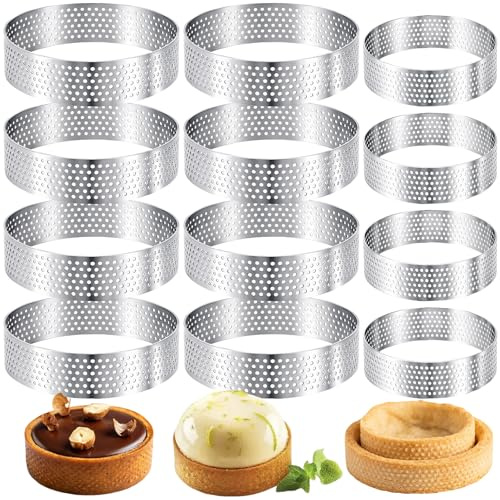 Richunie 12 Pezzi Anello Microforato Crostata,Ø6cm Ø8cm Stampo Crostata Microforato in Acciaio Inox 430,Anello Traforato per Crostate Pasticceria Mini Torte Mini Pizze Muffin per Crostate Anello