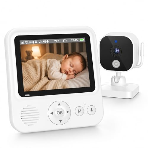 BURNNOVE Baby Monitor con Telecamera, 2000mAh Schermo IPS 2.8 720P, Visione Notturna, Zoom, Audio Bidirezionale, Modalità VOX, Sensore Temperatura, Ninne Nanne, Connessione FHSS 2.4GHz