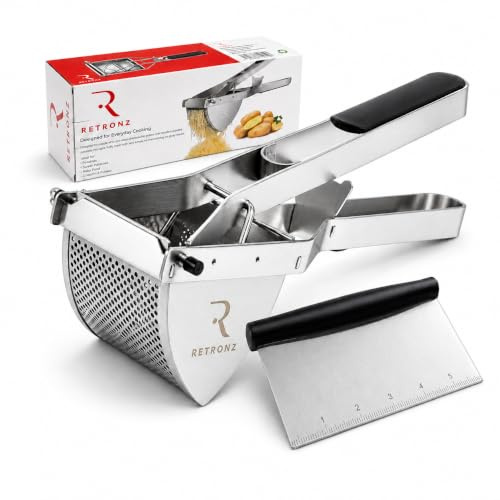 Potato Ricer Masher, Stainless Steel Heavy Duty Potato Press for Fluffy Mashed Potatoes, Gnocchi, Puree and Baby Food, Dishwasher Safe, with Measuring Dough Scraper