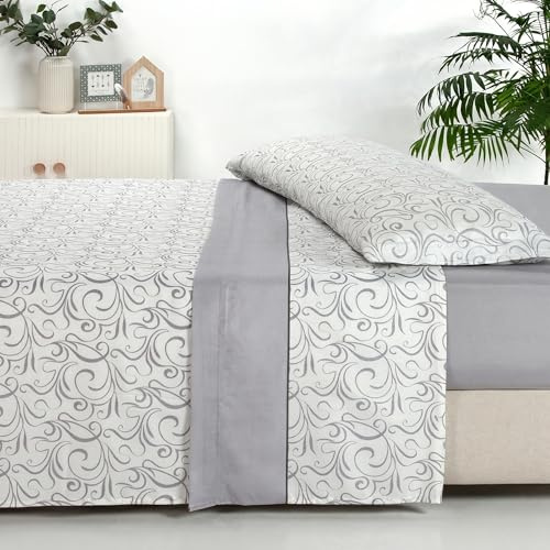 Sábanas 135x190 - Juego de Sábanas 3 Piezas - 100% Microfibra Suave y Transpirable - Sábana Bajera Ajustable, Encimera y Funda Almohada - Ropa de Cama Estampada (Ainara Gris)