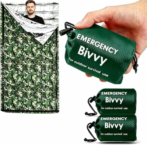 Deecam Sac de Couchage de Survie en Couleur Camouflage, Couverture de Survie réutilisable, Sac de Couchage d'urgence, Bivvy de Survie Léger Camping en Plein air Randonnée（2 pièces）