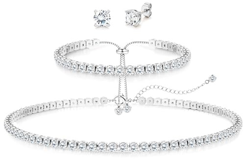 Diamday Silver Jewellery Set for Women, Tennis Necklace Bracelet Earrings