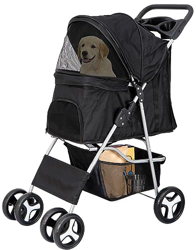 4 Wheels Pet Stroller Dog Cat Stroller for Small Medium Dog Cats Foldable Carrier Jogger Travel Puppy with Storage Basket and Cup Holder (Black)