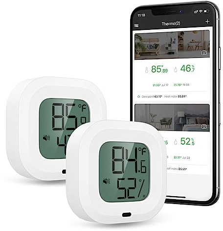 Brifit Wireless Thermometer Hygrometer, Bluetooth 5.0 Humidity Temperature Sensor with Data Export for iOS Android, Alarm Function, Portable for House, Guitar Case, Greenhouse, Christmas (2 Pack)