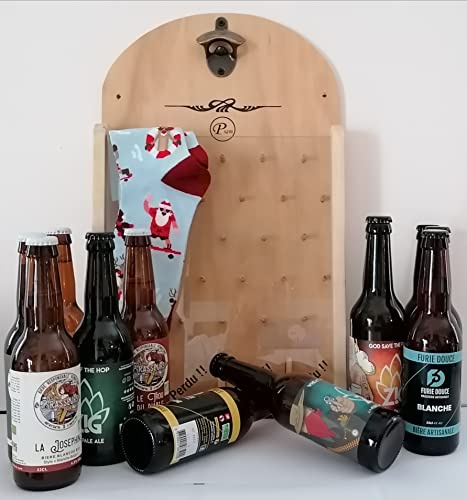 juego de beber, el abrebotellas artesanal de madera de bodega + 12 botellas de cervezas artesanales de 33cl + un par de calcetines navideños.