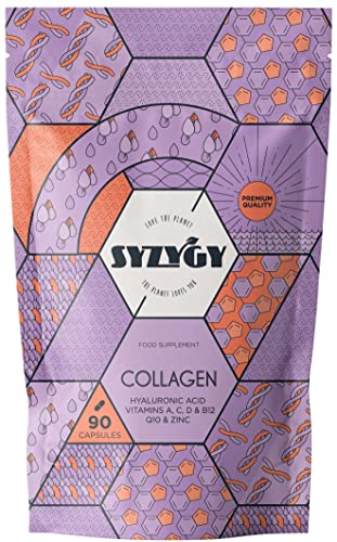SYZYGY FOOD - Kollagen mit Hyaluronsäure Coenzym Q10, Vitamina A, C, D, B12 y Zink - 750mg - 90 Kapseln für 90 Tage - Energie, Starke Gelenke - Hydrolisiertes Kollagen Made in EU