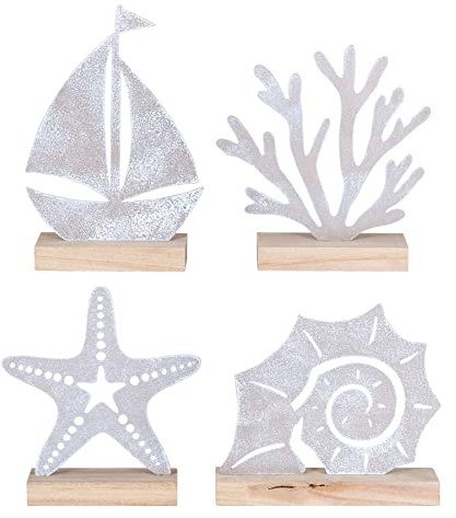 levandeo 4er Set Aufsteller Deko Maritim Holz Metall Natur Muschel Boot Koralle Seestern Meer Tischdeko Dekoration