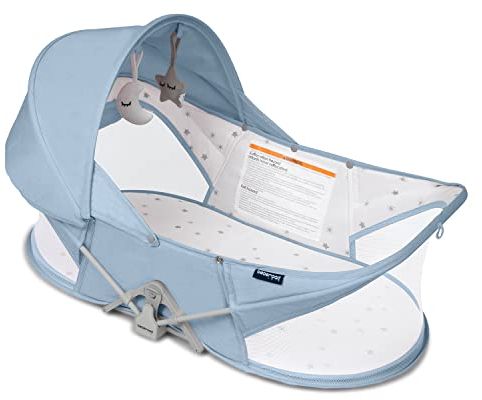 Lit de Voyage pour bébé, Tente de lit de Voyage Facile à Plier, Portable, Système de Sécurité en T à Deux Points, avec Moustiquaire, Jouet, Canopy Soleil, Matelas et Sac, Berceau Bébé