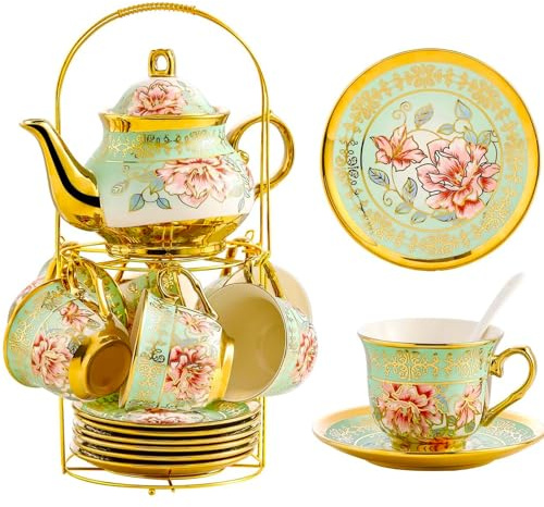20 Pieces Porcelain Tea Set With Metal Holder, European Ceramic tea set for adults,Flower Tea Set,Tea Set For Women With Flower Painting（Light Green）