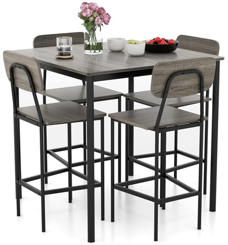 COSTWAY 5 Piece Kitchen Dining Set, Counter Height Dining Table and Chair Set with Ergonomic Backrest, Footrest & Foot Pads, Metal Structure Kitchen Table Set for Dining Room Restaurant (Grey)