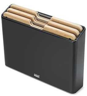 Joseph Joseph Folio 3-Piece Premium Bamboo Chopping Board Set, Slimline Stainless Steel Case for Organised Kitchen Storage, Black