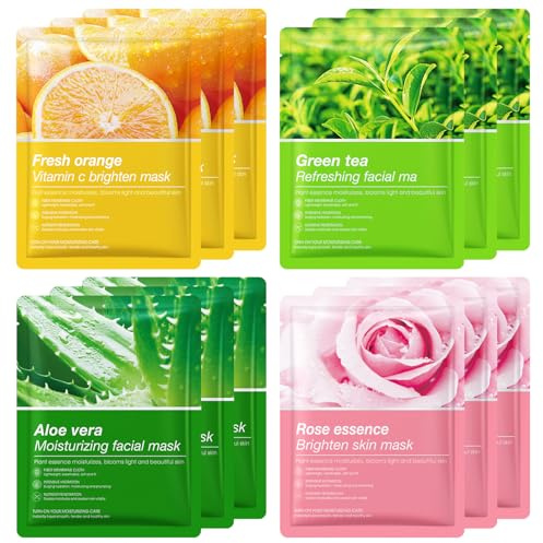 12 Pack Sheet Face Masks Skincare, Aloe Vera Face Mask, Soothing & Hydrating Face Masks, Face Mask Beauty, Natural Facial Mask, Moisturizing Face Sheet Masks Set, Smoothing, Brightening, Nourishing