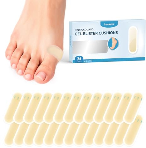 Sumiwish 26 Packs Hydrocolloid Blister Plasters for Feet, Blister Bandages | Ultra-Thin Hydrocolloid Gel Cushioning for Toes & Heels, Water Resistant, Travel Essential (Spot Pack)