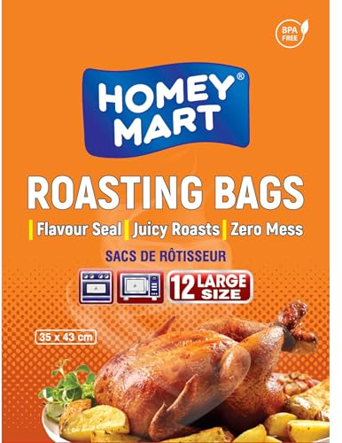 HOMEY MART Premium Roasting Bags, Flavour-Seal for Chicken, Turkey, Meat, Fish & Vegetables, Oven & Microwave Safe up to 400° F, BPA-Free, Large Size 35cm x 43cm, 12 -Pack with Ties