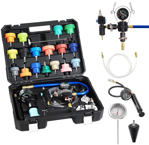 VEVOR Kit di Tester Manometri per Sistema di Raffreddamento da 47 Pezzi, Kit per Prova di Pressione del Radiatore con 3 Adattatori in Metallo, Misura Universale, Strumento di Prova per Autoveicoli