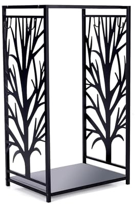 D·Philok Decorative Firewood Rack, Black Metal Design Storage Holder with Fireplace Tools, Indoor Log Organizer, 27.5 x 15.75 x 11.5 Inches