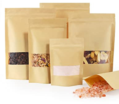 FireKylin 100 Pcs Brown Paper Bags with Window, 3.5 x 5.5 Stand Up Pouches, Zipper Food Storage Bags for Packaging Products, Reusable, Sealable
