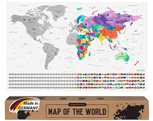 envami® Mappa del Mondo da Grattare - 68 X 43 CM - idee regalo - mappamondo da grattare con bandiere - scratch off map - mappa da grattare - cartina mondo da grattare - argento inglese