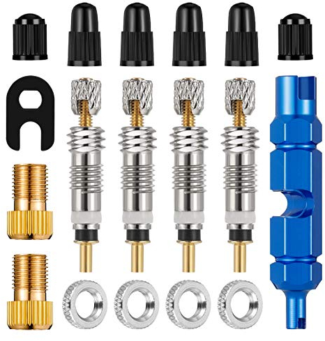 QINREN 18-teiliges Presta-Ventilkernset, Ventiladapter für Fahrradventileinsatz Französische Ventilschraube Ventilschlüssel Ventilschutzkappen Fahrradzubehör für Fahrräder und Mountainbikes