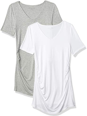 Amazon Essentials T-Shirt con Scollo a v e Arricciatura a Maniche Corte Premaman Donna, Pacco da 2, Grigio Chiaro Puntinato/Bianco, S